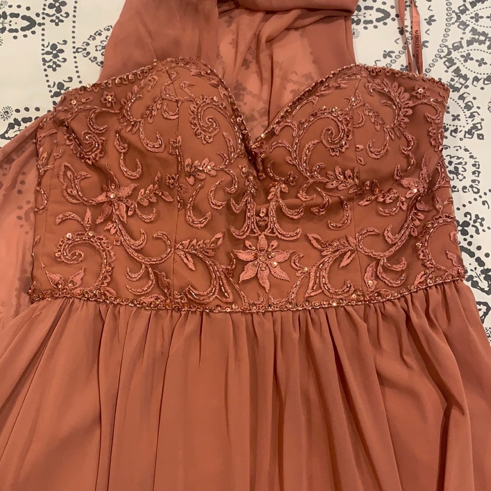 Floor length bridesmaid dress, beading at top in pretty pink color